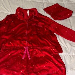 Stars Above Red Satin Pajama Set with Heart Pattern